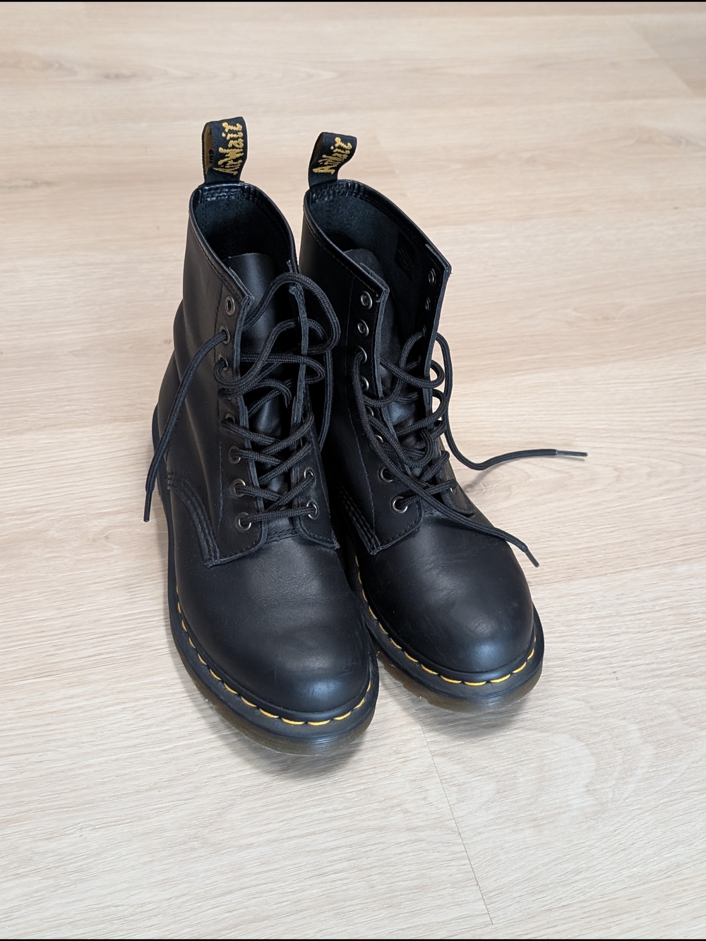 Dr. Martens Black Leather Lace-Up Boots with Yellow Stitching